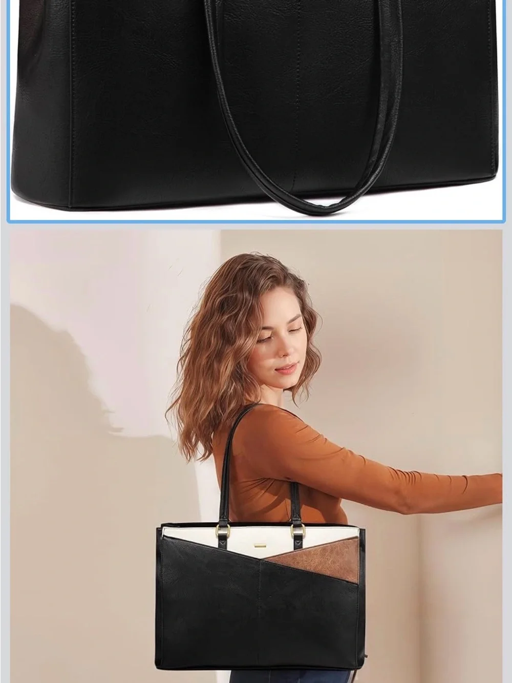 LOVEVOOK Tri-Color Laptop Tote — Black, Brown & Cream